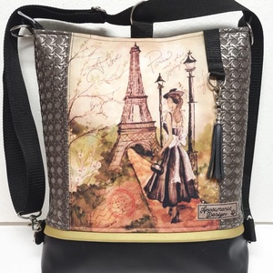Hölgy Párizsban - hátulzsebes 3in1 textilbőr hátizsák univerzális táska 30x35cm, Táska & Tok, Variálható táska, Varrás, MESKA