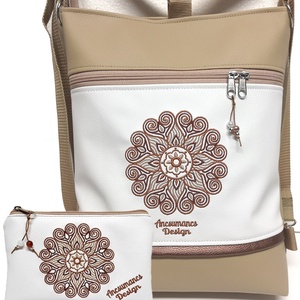 Hímzett Mandalás 3in1 Hátizsák Szett Univerzális Táska Neszivel Drapp-Fehér(Mandala002) - táska & tok - hátizsák - hátizsák - Meska.hu