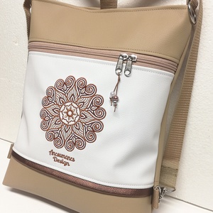 Hímzett Mandalás 3in1 Hátizsák Szett Univerzális Táska Neszivel Drapp-Fehér(Mandala002) - táska & tok - hátizsák - hátizsák - Meska.hu