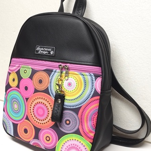 Back Pack M hátizsák - Elegáns fekete csajos mandalákkal textilbőr pántokkal 33x27x10 - táska & tok - hátizsák - hátizsák - Meska.hu