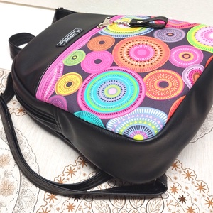 Back Pack M hátizsák - Elegáns fekete csajos mandalákkal textilbőr pántokkal 33x27x10 - táska & tok - hátizsák - hátizsák - Meska.hu