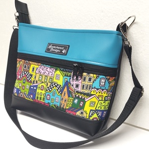 Bella Midi crossbody oldaltáska övtáska 26x21cm - Házikók türkizzel - táska & tok - kézitáska & válltáska - vállon átvethető táska - Meska.hu