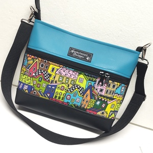 Bella Midi crossbody oldaltáska övtáska 26x21cm - Házikók türkizzel - táska & tok - kézitáska & válltáska - vállon átvethető táska - Meska.hu