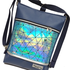 Elegáns 3in1 kék lézerhologramos textilbőr hátizsák univerzális táska tengerészkék alapon - táska & tok - variálható táska - Meska.hu