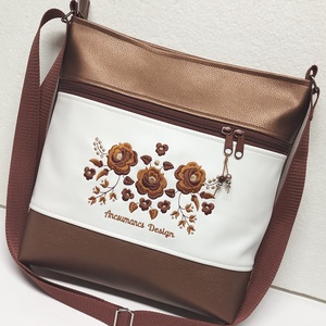 Hímzett 30x30-as pakolós kalocsai virágos válltáska oldaltáska HungarianFolkart20 Bronz-fehér - táska & tok - kézitáska & válltáska - vállon átvethető táska - Meska.hu
