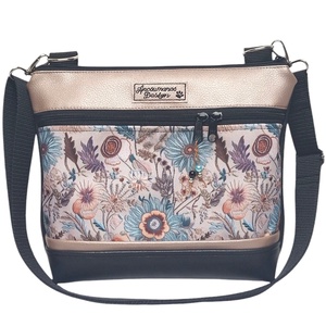 Bella crossbody oldaltáska 28x24cm - Réti virágok fekete-gyöngyházpúder, Táska & Tok, Kézitáska & válltáska, Vállon átvethető táska, Varrás, MESKA