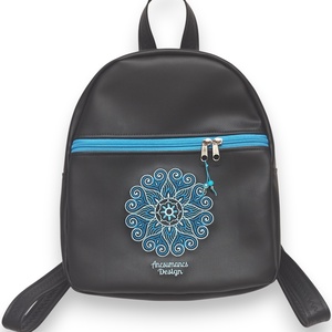 Back Pack M hátizsák - Hímzett mandalás, fekete-türkizkék, textilbőr pántokkal (mandala002) 33x27x10 - Meska.hu