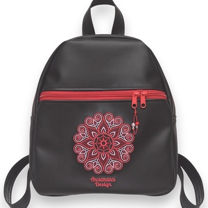 Back Pack M hátizsák - Hímzett mandalás, fekete-piros, textilbőr pántokkal (mandala002) 33x27x10 - Meska.hu