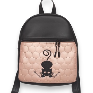 Back Pack M hátizsák - Hímzett cicás, fekete-rose, textilbőr pántokkal 33x27x10 - Meska.hu