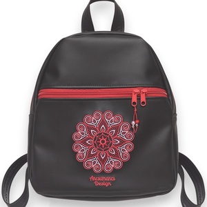 Back Pack M hátizsák - Hímzett mandalás, fekete-piros, textilbőr pántokkal (mandala002) 33x27x10, Táska & Tok, Hátizsák, Hátizsák, Varrás, Hímzés, MESKA
