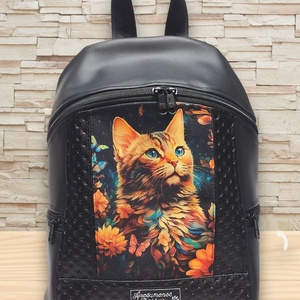MAXIM BackPack L hátizsák textilbőr pántokkal cicás panellel 36x30x16 - táska & tok - hátizsák - hátizsák - Meska.hu