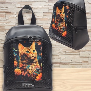 MAXIM BackPack L hátizsák textilbőr pántokkal cicás panellel 36x30x16, Táska & Tok, Hátizsák, Hátizsák, Varrás, MESKA