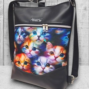 Szivárvány cicák Mosolyvonalas 3in1 textilbőr hátizsák oldaltáska Fekete alapon - táska & tok - hátizsák - hátizsák - Meska.hu