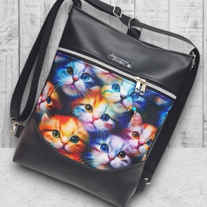 Szivárvány cicák Mosolyvonalas 3in1 textilbőr hátizsák oldaltáska Fekete alapon - táska & tok - hátizsák - hátizsák - Meska.hu