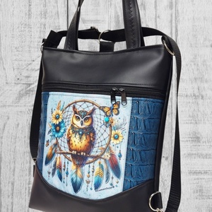 Álomfogó bagollyal Mosolyvonalas 4in1 textilbőr hátizsák oldaltáska rövid bőr kézifüllel - táska & tok - variálható táska - Meska.hu