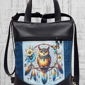 Álomfogó bagollyal Mosolyvonalas 4in1 textilbőr hátizsák oldaltáska rövid bőr kézifüllel - táska & tok - variálható táska - Meska.hu