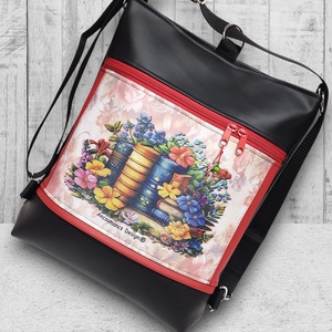 Virágzó könyvek 3in1 textilbőr hátizsák oldaltáska fekete-piros - táska & tok - hátizsák - hátizsák - Meska.hu