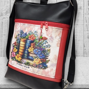 Virágzó könyvek 3in1 textilbőr hátizsák oldaltáska fekete-piros - táska & tok - hátizsák - hátizsák - Meska.hu