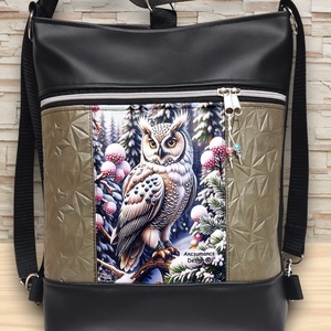 Hóbagoly mintás 3in1 textilbőr hátizsák szett fekete-platina táska-neszi-kulcstartó - táska & tok - táska szett - Meska.hu