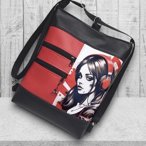 Vagány csajos 3in1 textilbőr hátizsák oldaltáska felemás fekete-piros Lány fülhallgatóval - táska & tok - hátizsák - hátizsák - Meska.hu