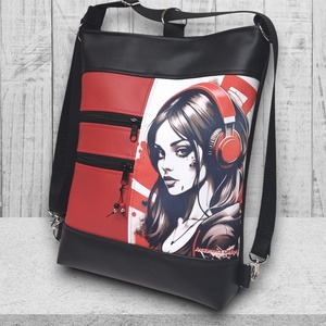 Vagány csajos 3in1 textilbőr hátizsák oldaltáska felemás fekete-piros Lány fülhallgatóval - táska & tok - hátizsák - hátizsák - Meska.hu