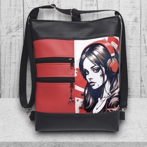 Vagány csajos 3in1 textilbőr hátizsák oldaltáska felemás fekete-piros Lány fülhallgatóval - Meska.hu