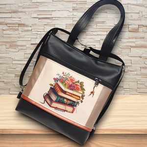 4in1 nagy csini univerzális táska hátizsák Virágzó könyvek púder-fekete alapon - táska & tok - variálható táska - Meska.hu