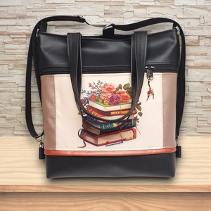 4in1 nagy csini univerzális táska hátizsák Virágzó könyvek púder-fekete alapon, Táska & Tok, Variálható táska, Varrás, MESKA