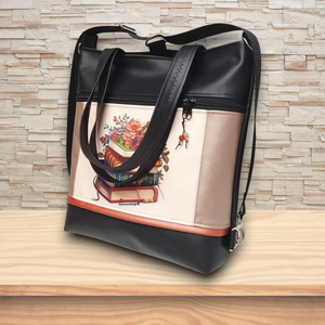 4in1 nagy csini univerzális táska hátizsák Virágzó könyvek púder-fekete alapon - táska & tok - variálható táska - Meska.hu