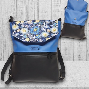 Kék virágos fedélrészes 3in1 hátizsák univerzális táska fekete-kék alapon - táska & tok - hátizsák - hátizsák - Meska.hu