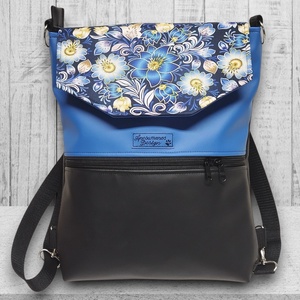 Kék virágos fedélrészes 3in1 hátizsák univerzális táska fekete-kék alapon - Meska.hu