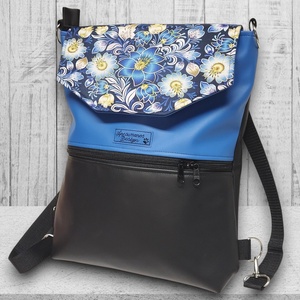 Kék virágos fedélrészes 3in1 hátizsák univerzális táska fekete-kék alapon - táska & tok - hátizsák - hátizsák - Meska.hu