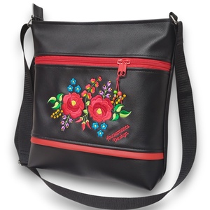 Hímzett 30x30-as pakolós kalocsai virágos válltáska oldaltáska fekete HungarianFolkart07 - táska & tok - kézitáska & válltáska - vállon átvethető táska - Meska.hu