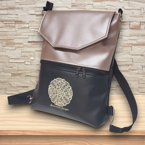 Hímzett csipke mandalás fedélrészes 3in1 hátizsák univerzális táska fekete-púder - táska & tok - hátizsák - hátizsák - Meska.hu