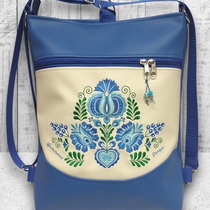Hímzett 3in1 hátizsák univerzális táska mosolyvonalas kék-világos bézs - Hungarian Extra 002, Táska & Tok, Variálható táska, Varrás, Hímzés, MESKA