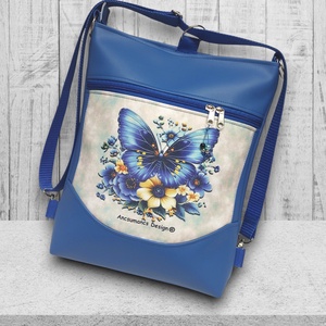 Varázslatos pillangó kék alapon 3in1 mosolyvonalas textilbőr hátizsák oldaltáska - táska & tok - variálható táska - Meska.hu