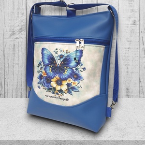 Varázslatos pillangó kék alapon 3in1 mosolyvonalas textilbőr hátizsák oldaltáska - táska & tok - variálható táska - Meska.hu