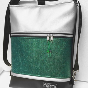 Elegáns 3in1 női hátizsák divattáska oldaltáska fekete zöld ezüst indamintás - táska & tok - variálható táska - Meska.hu