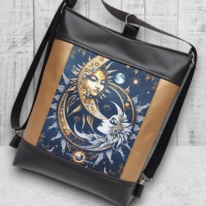 Nap és a Hold hátsó zsebes 3in1 textilbőr hátizsák oldaltáska fekete-óarany - táska & tok - variálható táska - Meska.hu