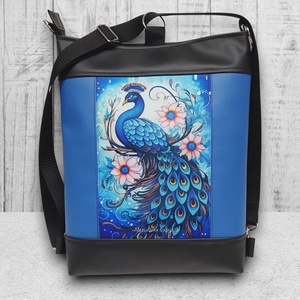 Színes páva paneles hátsó zsebes 3in1 textilbőr hátizsák oldaltáska fekete-kék - Meska.hu