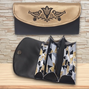 Irattartó nagy pénztárca hímzett Tulipános madárkás fekete-óarany - Meska.hu