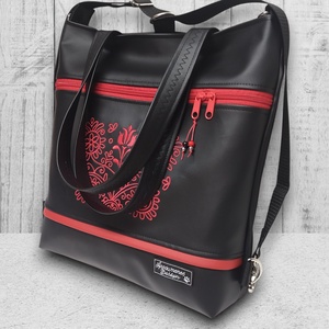 4in1 Nagy Csini Kalotaszegi Hímzett Univerzális Táska Hátizsák Fekete-piros - táska & tok - variálható táska - Meska.hu