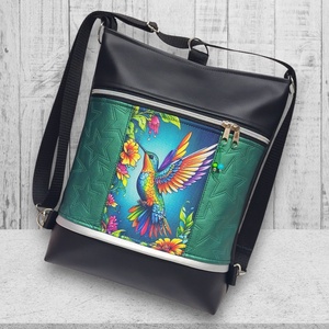 Kolibri madár 3in1 textilbőr hátizsák oldaltáska fekete-zöld - táska & tok - variálható táska - Meska.hu