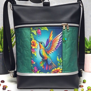 Kolibri madár 3in1 textilbőr hátizsák oldaltáska fekete-zöld, Táska & Tok, Variálható táska, Varrás, MESKA