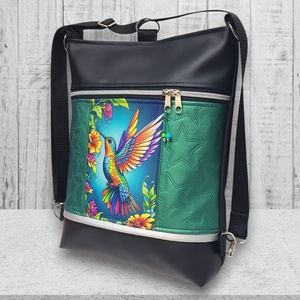 Kolibri madár 3in1 textilbőr hátizsák oldaltáska fekete-zöld - táska & tok - variálható táska - Meska.hu