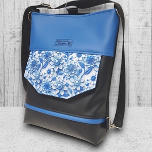 Kék virágok EMILI 3 funkciós hátizsák oldaltáska Fekete-kék - táska & tok - hátizsák - hátizsák - Meska.hu