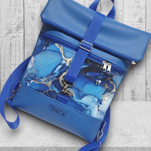 Márványmintás kék Roll Up Maxi dupla pántos hátizsák sok zsebbel - táska & tok - hátizsák - roll top hátizsák - Meska.hu