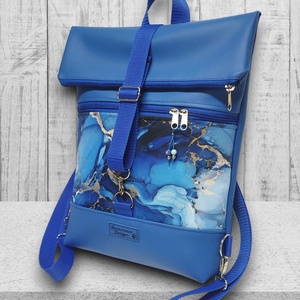 Márványmintás kék Roll Up Maxi dupla pántos hátizsák sok zsebbel - táska & tok - hátizsák - roll top hátizsák - Meska.hu