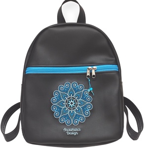 DORINA-L hátizsák - Hímzett mandalás, fekete-türkizkék, textilbőr pántokkal (mandala002), Táska & Tok, Hátizsák, Hátizsák, Varrás, Hímzés, MESKA