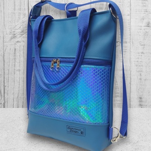 4in1 elegáns női hátizsák oldaltáska Kék alapon kék hologramos sellő mintás bőrrel - táska & tok - variálható táska - Meska.hu